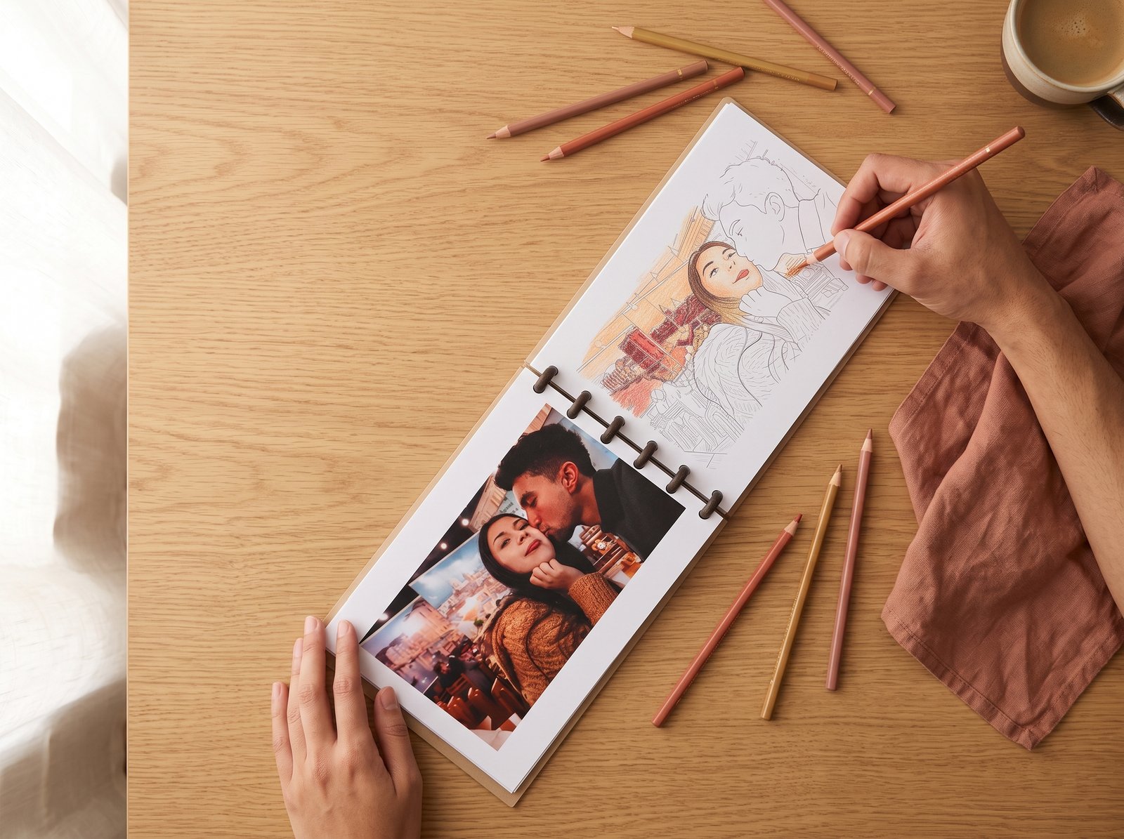 Álbum abierto en manos de una pareja coloreando una foto